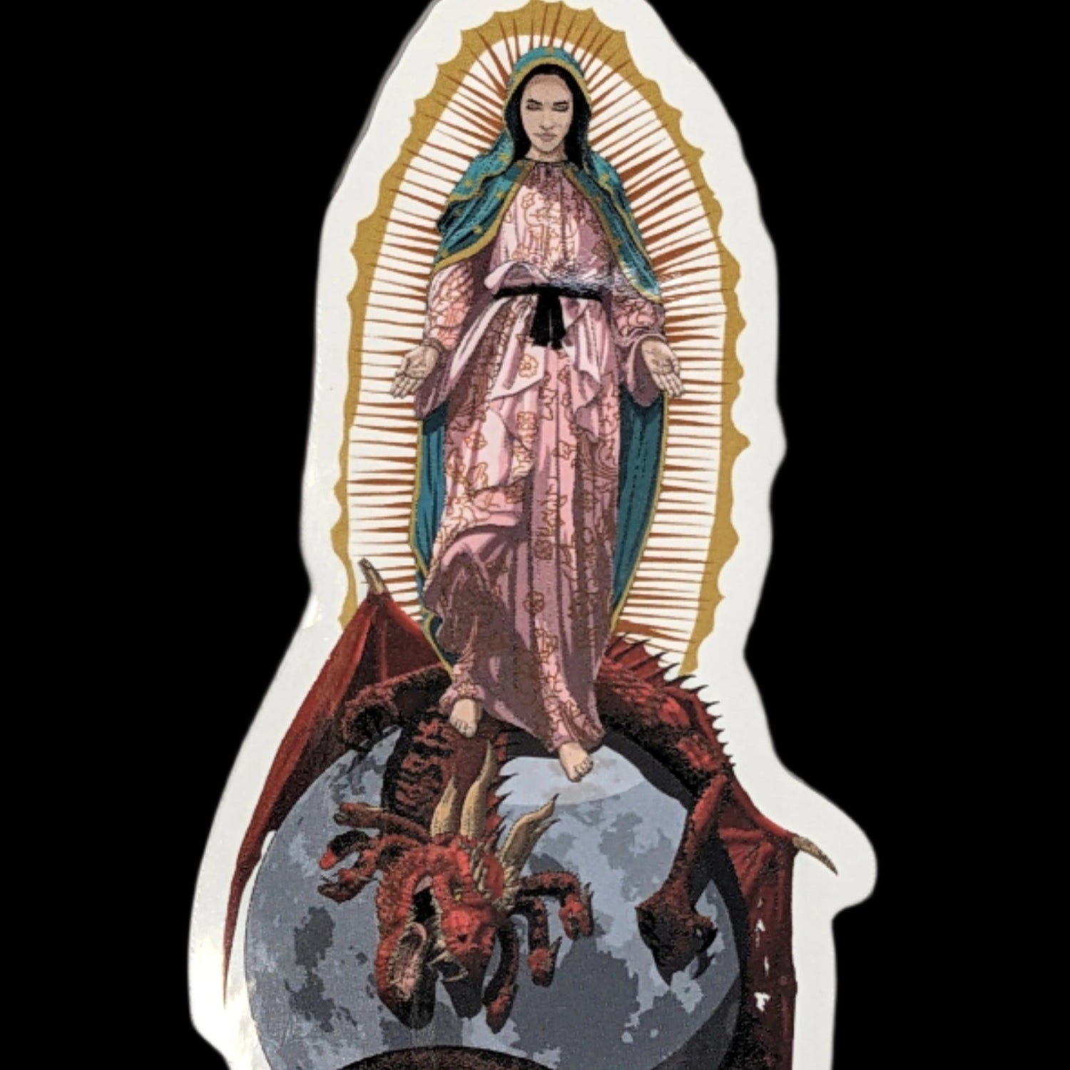Glossy die-cut sticker depicting Our Lady of Guadalupe.