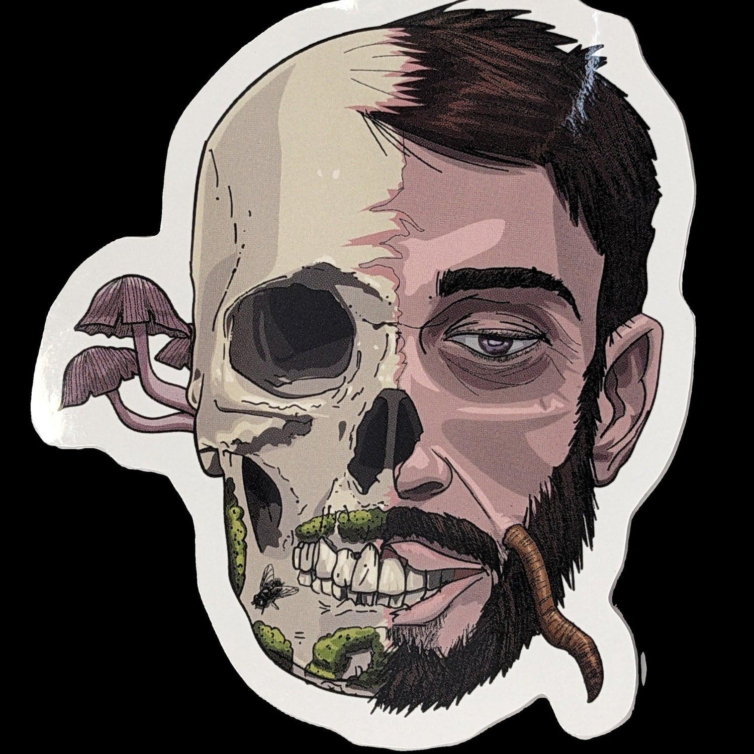 Glossy die-cut sticker depicting a half-deceased, half-skull face.