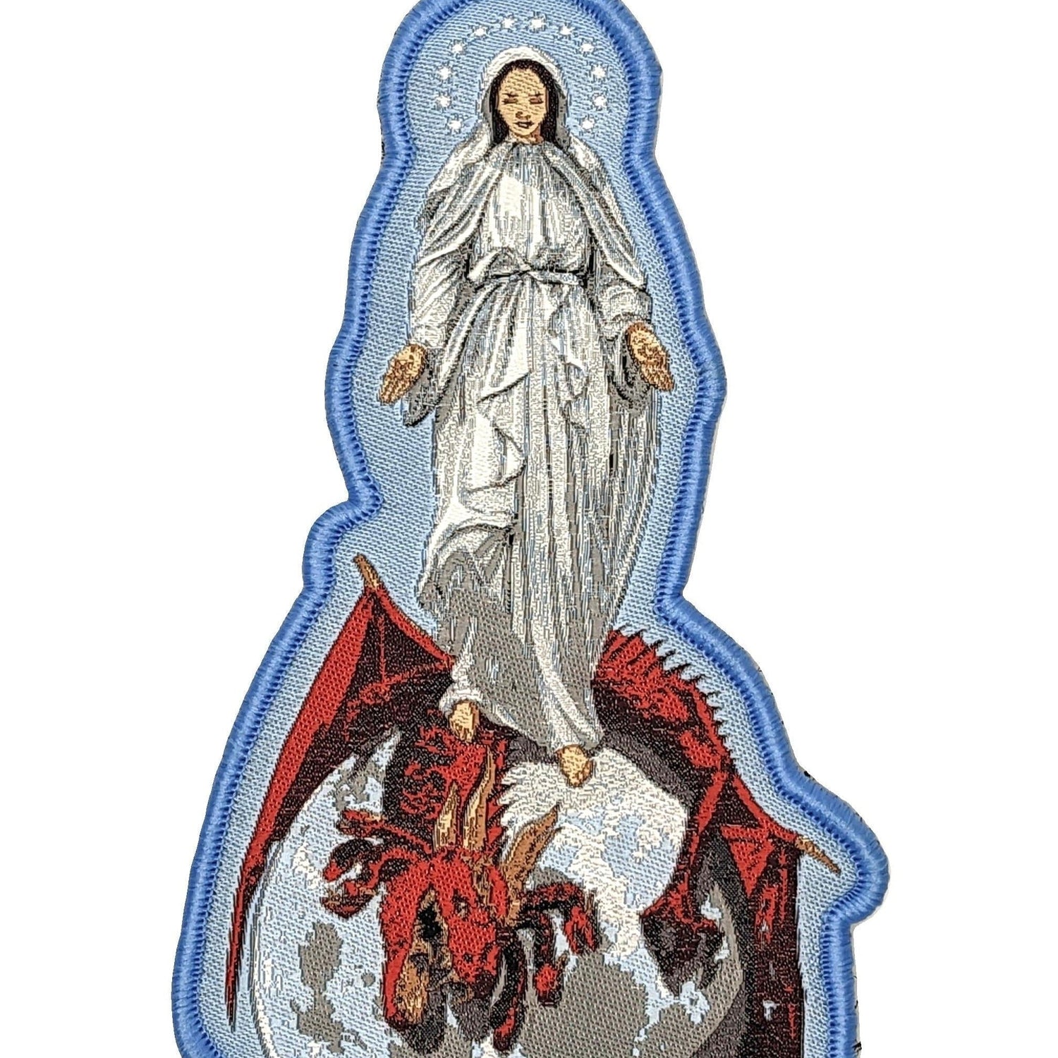 Woven patch with velcro hook backing depicting the Blessed Virgin Mary.