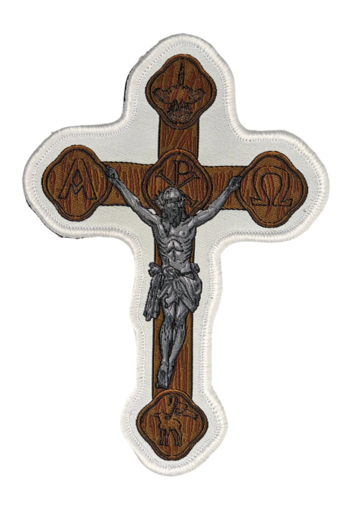 Woven patch with velcro hook backing depicting a brown crucifix.