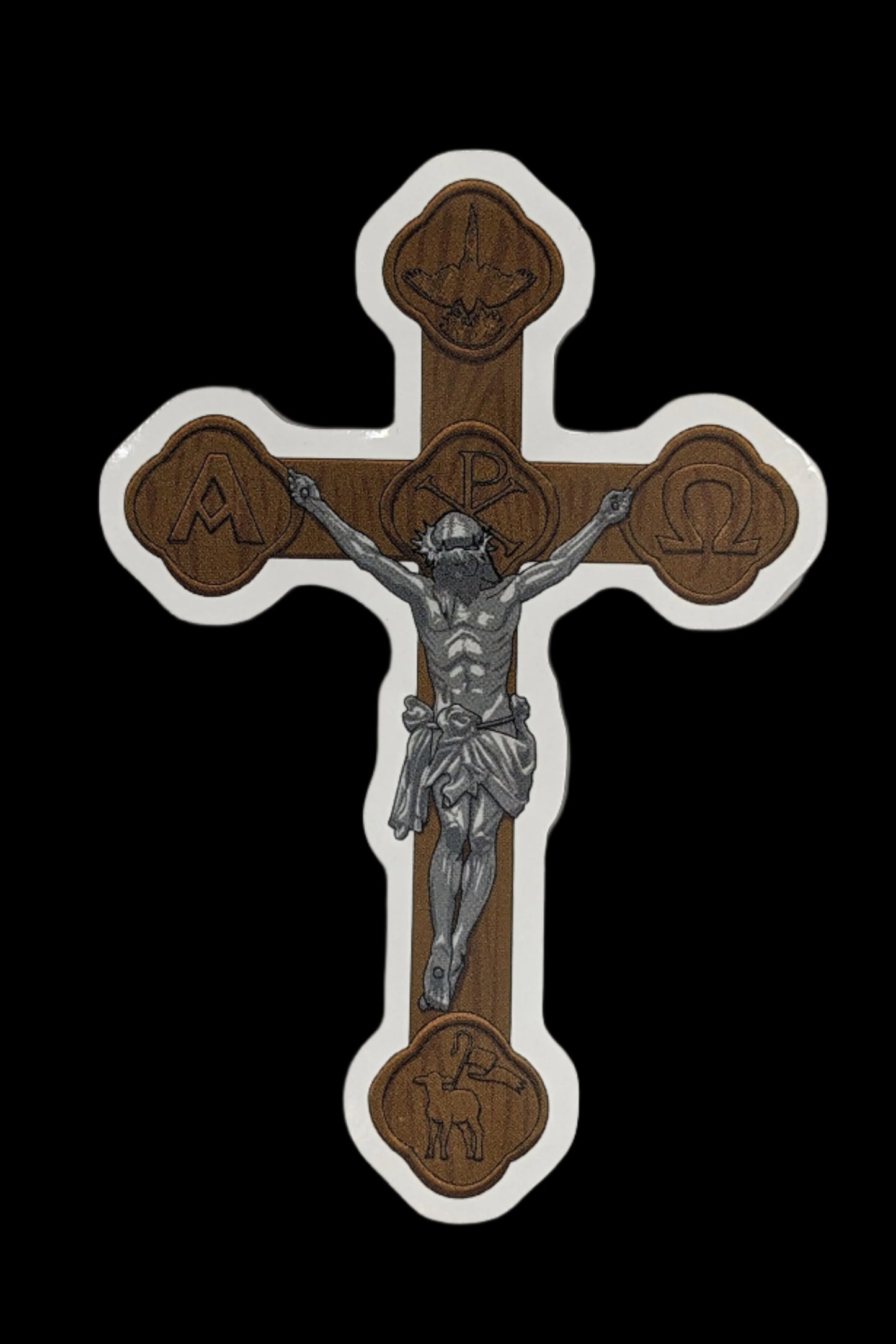 Glossy die-cut sticker depicting a brown crucifix.