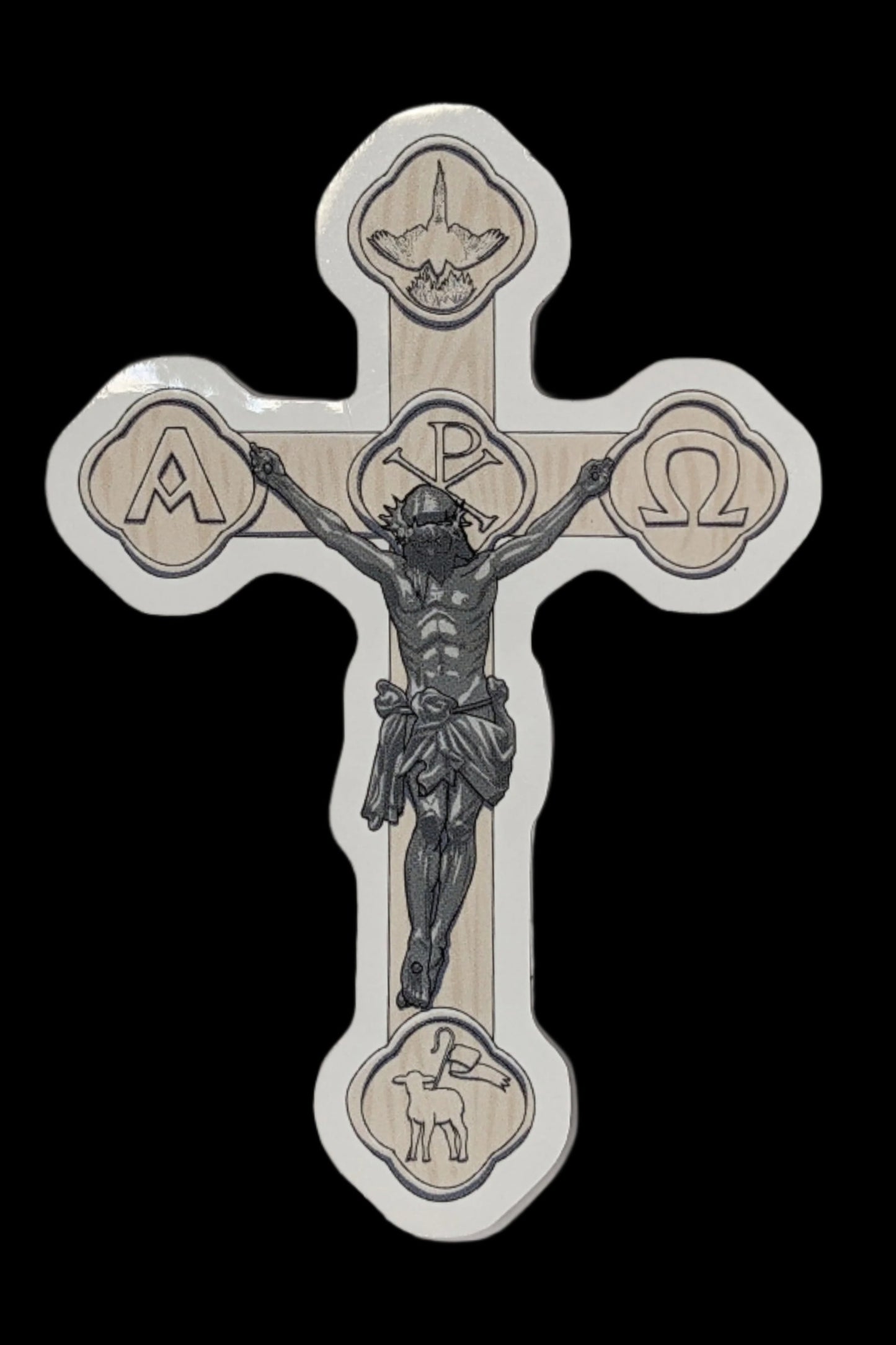 Glossy die-cut sticker depicting a white crucifix.