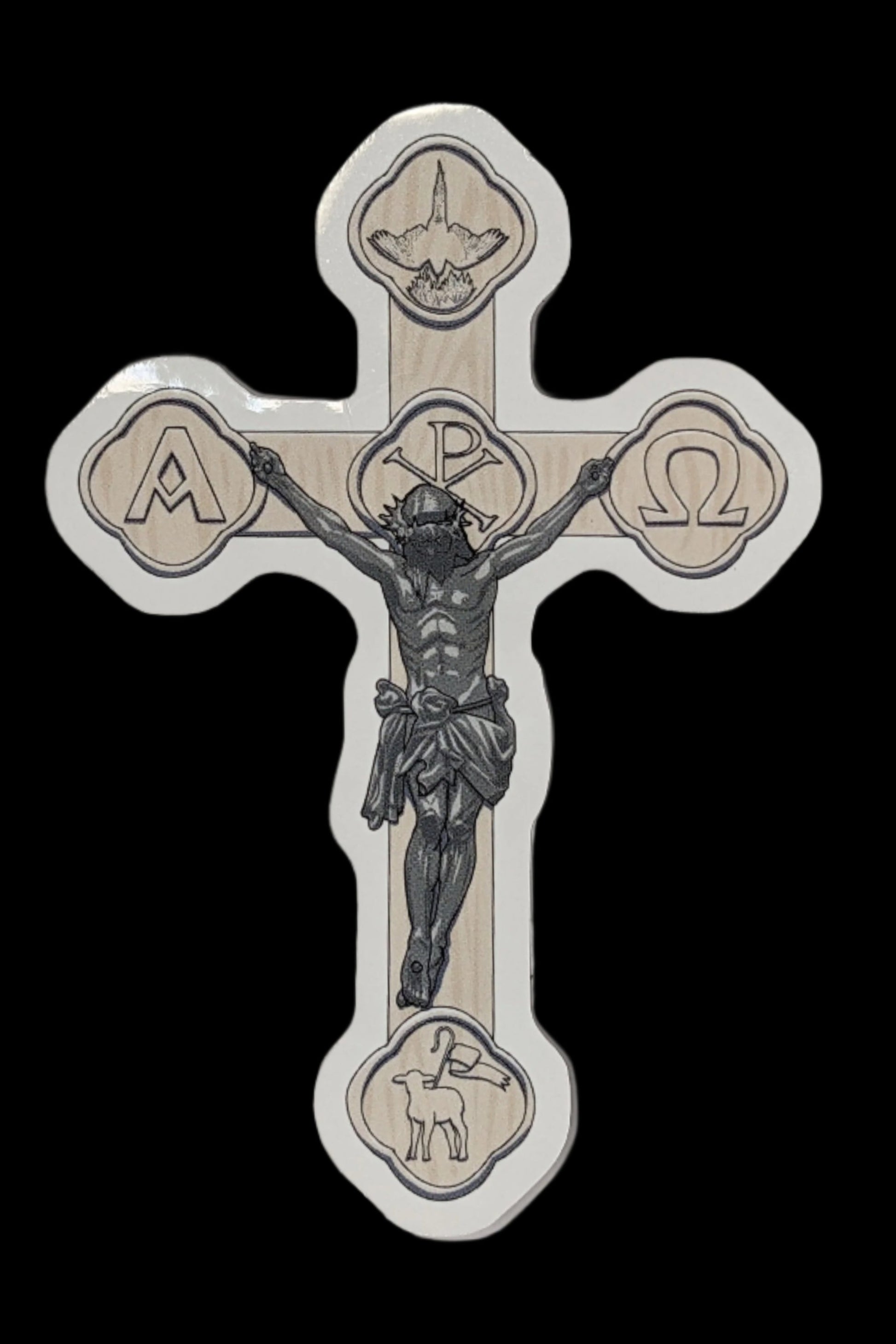 Glossy die-cut sticker depicting a white crucifix.