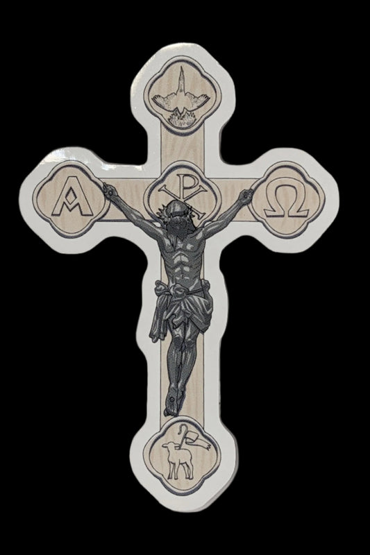 Glossy die-cut sticker depicting a white crucifix.