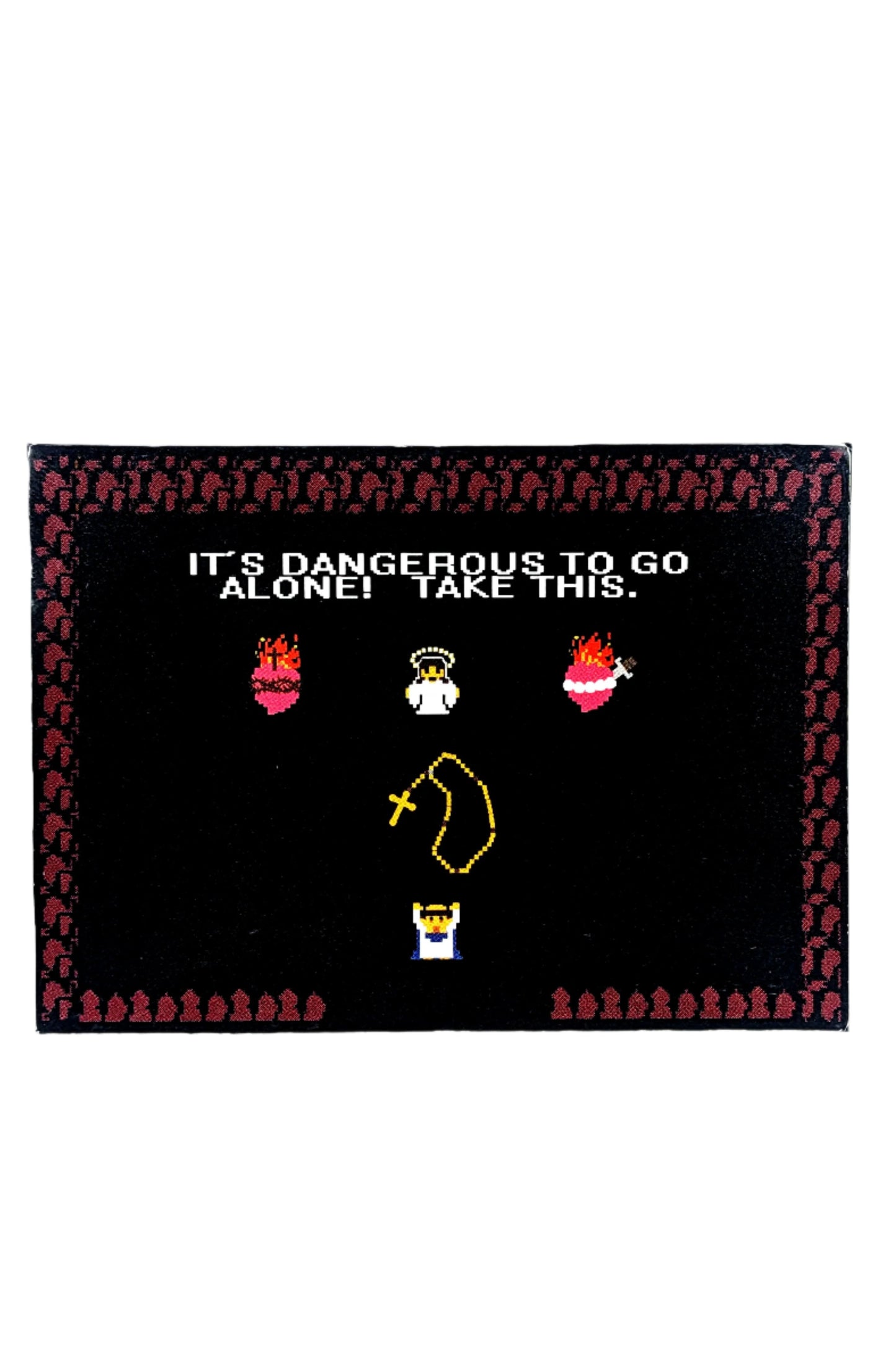 Glossy die-cut sticker depicting the Blessed Virgin Mary giving St. Dominic the rosary in 8-bit Legend of Zelda style.