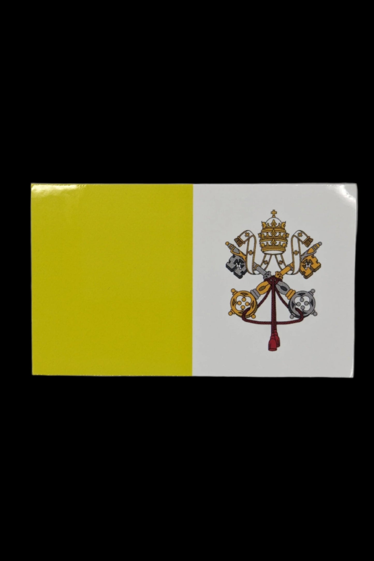 Glossy die-cut sticker depicting the Vatican Flag with 3x5 aspect ratio.