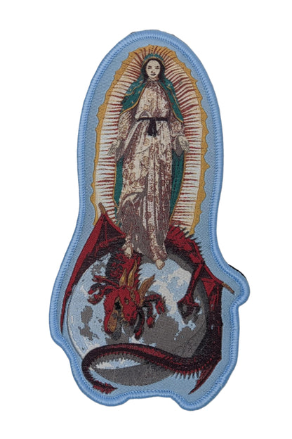 Woven patch with velcro hook backing depicting Our Lady of Guadalupe.