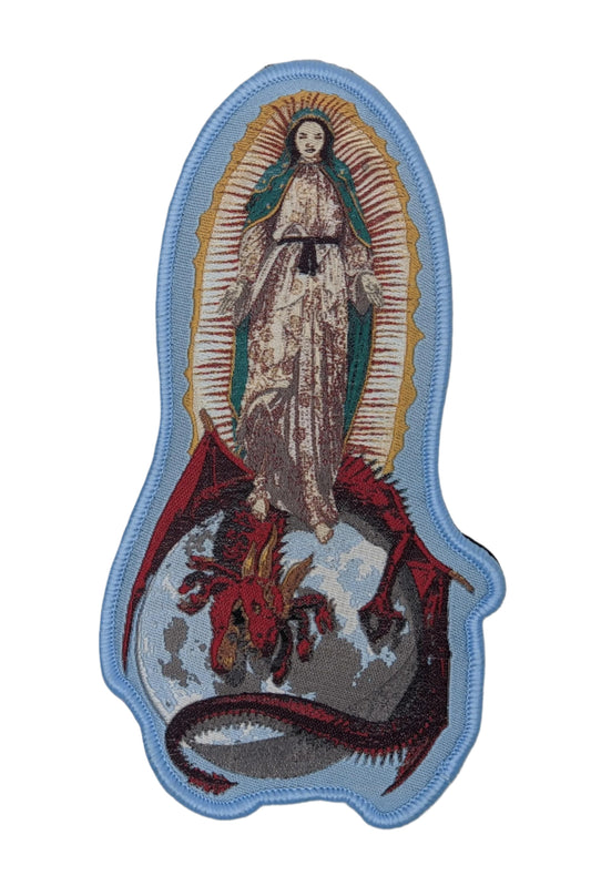 Woven patch with velcro hook backing depicting Our Lady of Guadalupe.