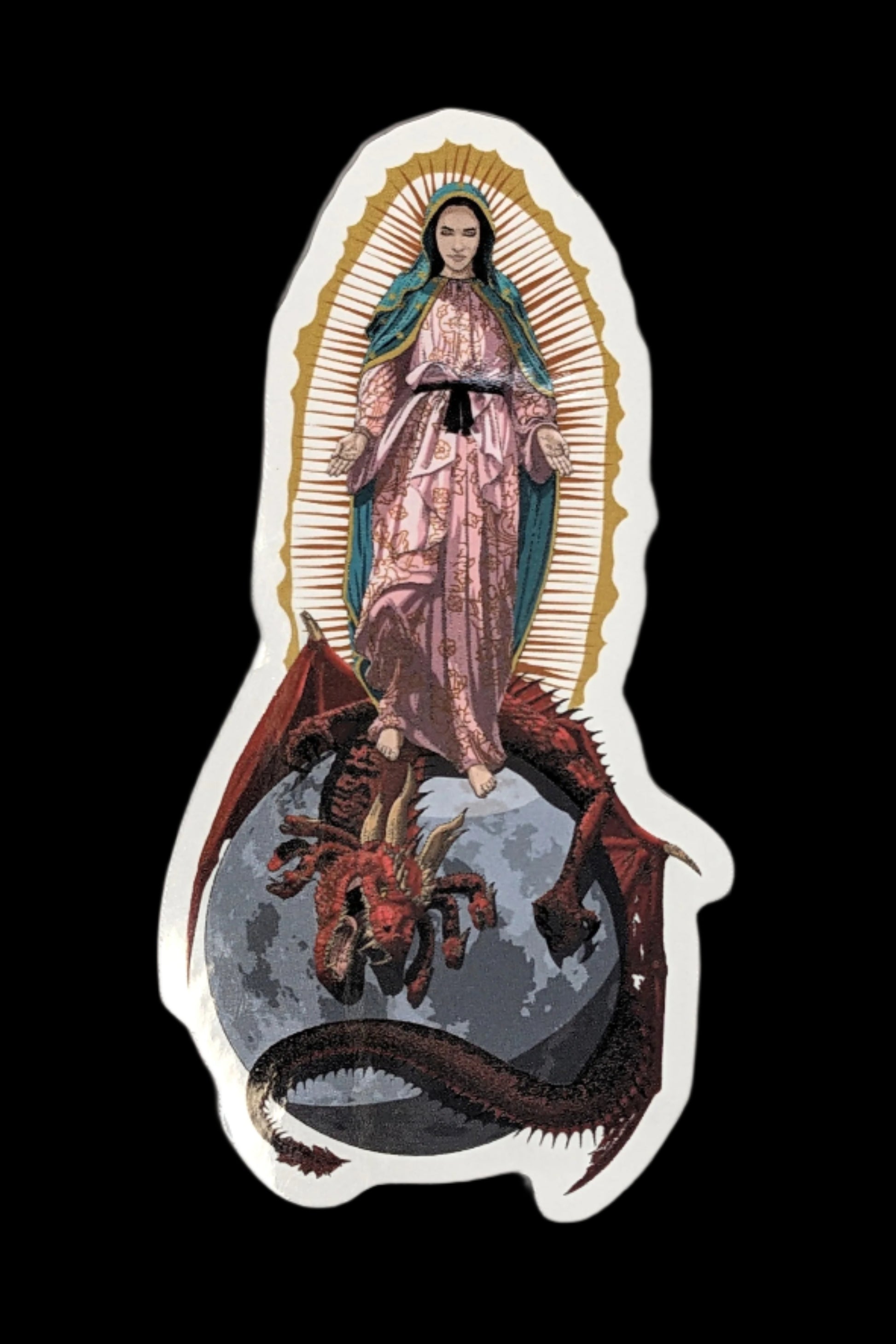 Glossy die-cut sticker depicting Our Lady of Guadalupe.