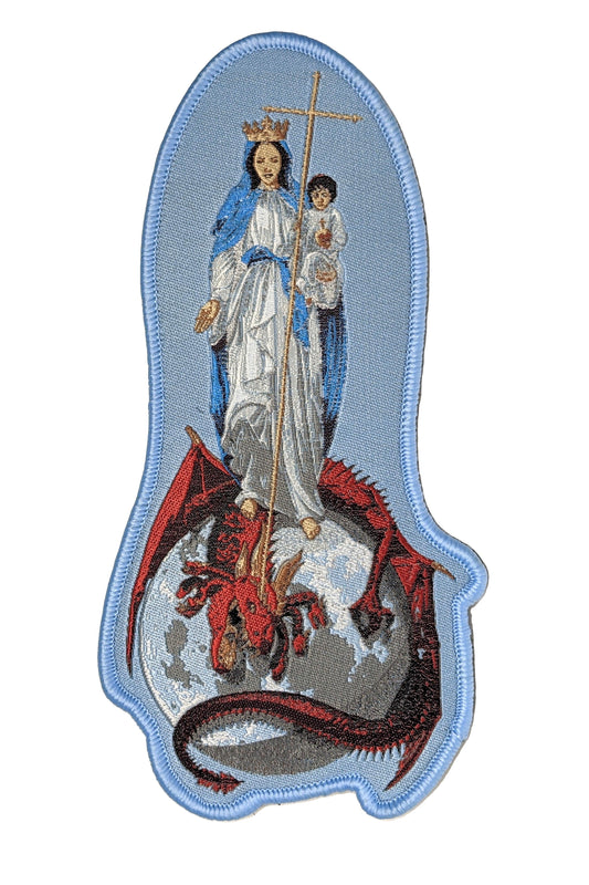 Woven patch with velcro hook backing depicting the Blessed Virgin Mary with child Jesus.