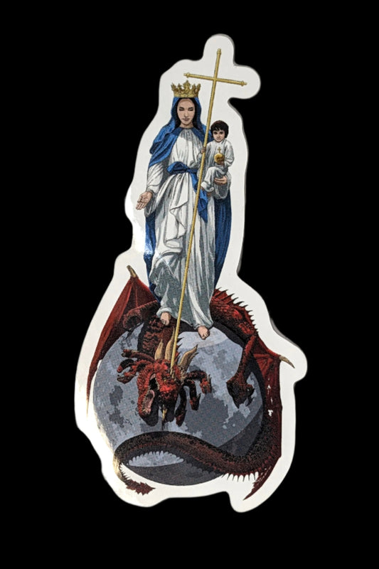 Glossy die-cut sticker depicting the Blessed Virgin Mary with child Jesus.