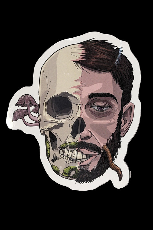 Glossy die-cut sticker depicting a half-deceased, half-skull face.