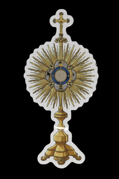 Glossy die-cut sticker depicting a monstrance engraved with the Sorrowful Mysteries.