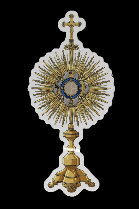 Glossy die-cut sticker depicting a monstrance engraved with the Sorrowful Mysteries.