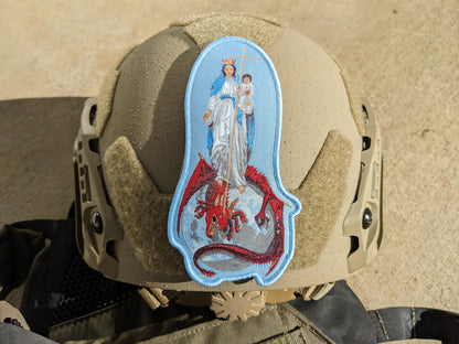 helmet with patch depicting the Blessed Virgin Mary with infant Jesus