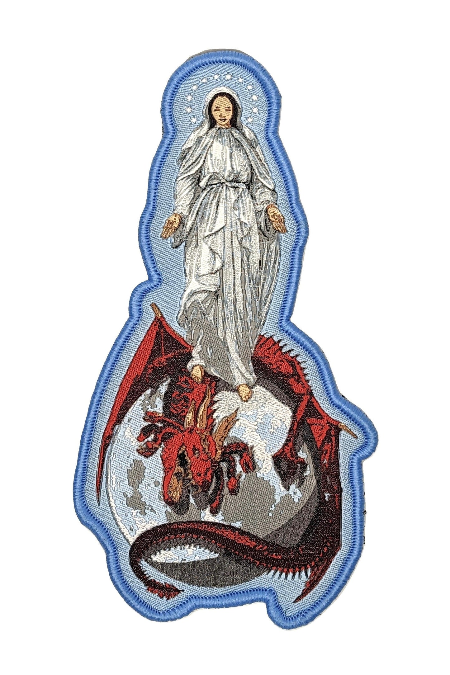 Woven patch with velcro hook backing depicting the Blessed Virgin Mary.