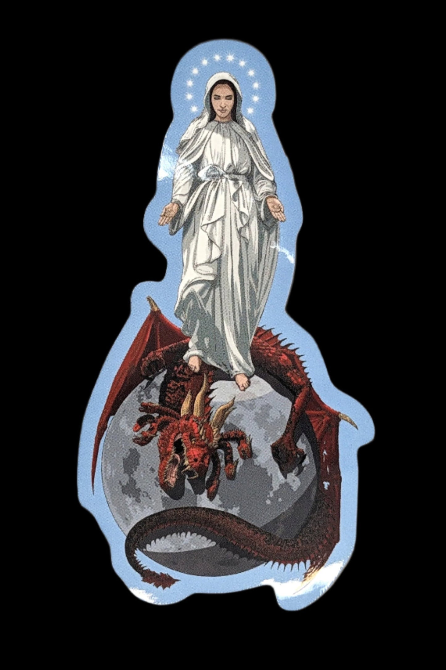 Glossy die-cut sticker depicting the Blessed Virgin Mary.