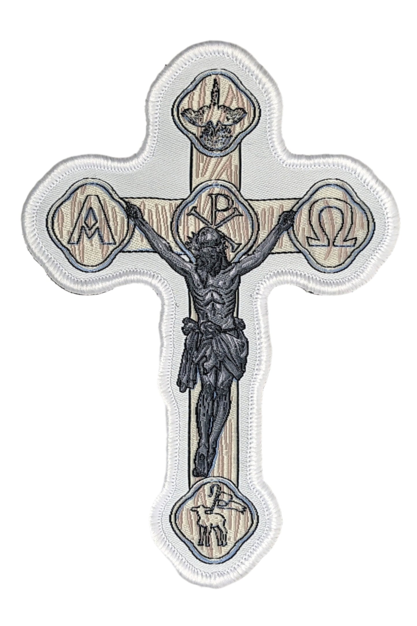 Woven patch with velcro hook backing depicting a white crucifix.